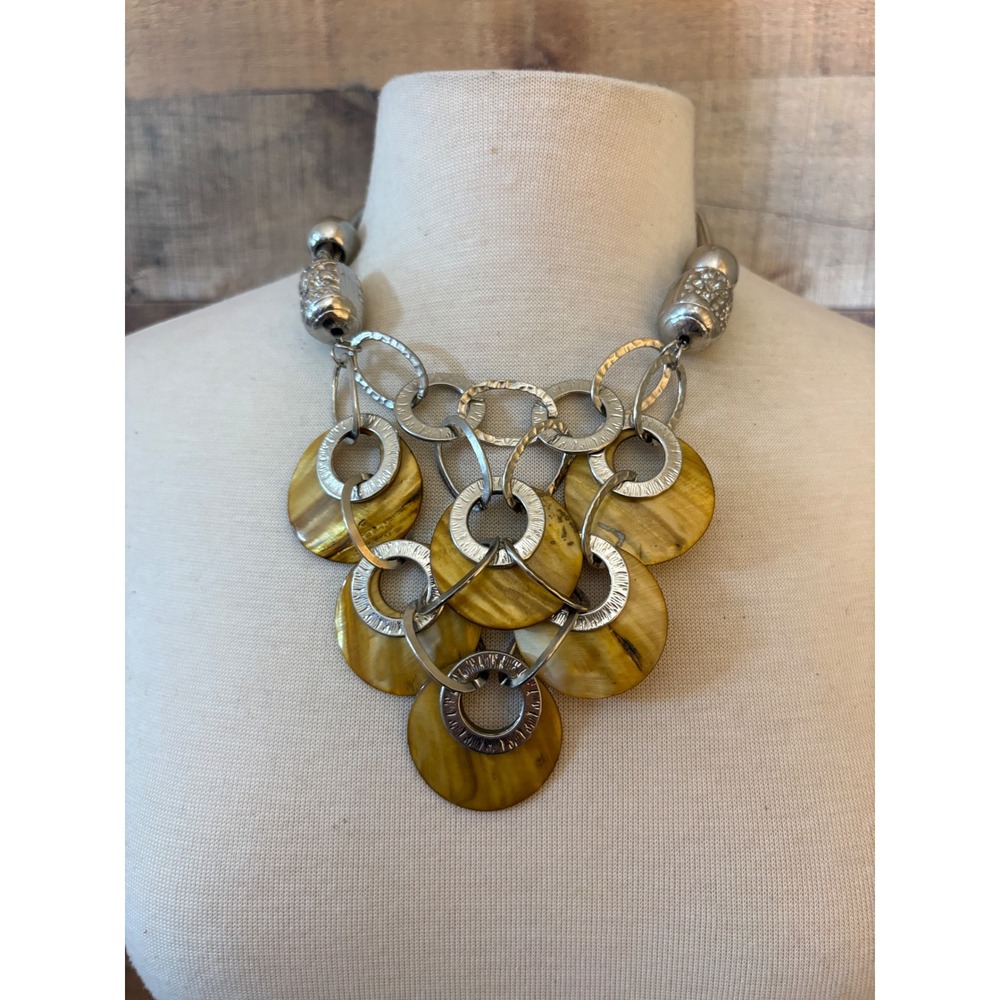 Silver Tone Hammered Ring & Brown Shell Disc Statement Bib Necklace